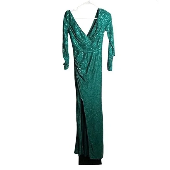 Emerald Green Sequin Prom Formal Gown XS Long Sleeve Slit Dress Broken Zip - Picture 2 of 10